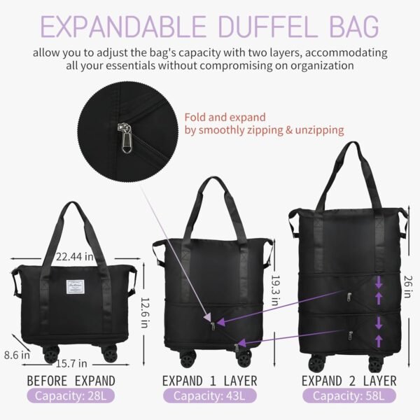 VOOWO Rolling Duffle Bag with Wheels, Expandable Foldable Duffle Bag with Wheels and Handle for Travel, Rolling Luggage bag Carry on Duffel Bag, Wheeled Travel Duffle Bag, Large Weekend Bag (Black) - Image 2