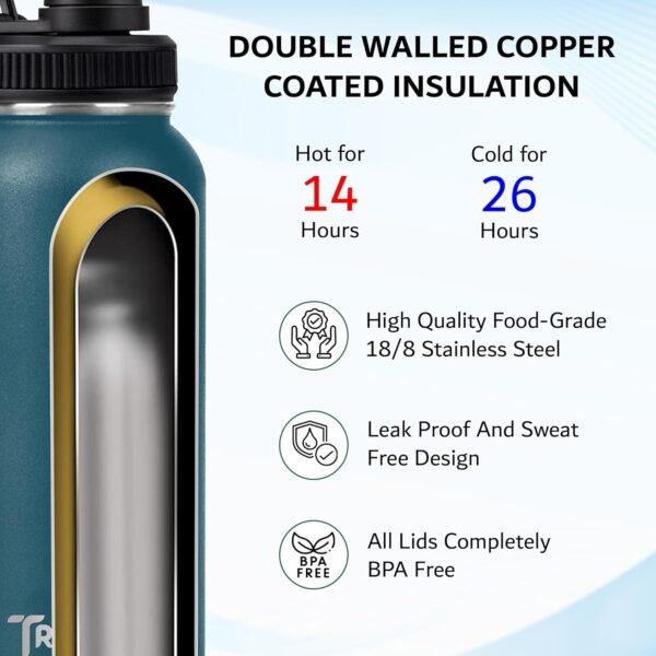 Travel Water Bottle-18oz, 22oz, or 32oz -3 Lids (Spout, Straw, Flip) Leak Proof, Quality, Vacuum Insulated, Stainless Steel, Thermos, Metal Flask, Sports Canteen (Turquoise, 18 oz) - Image 3