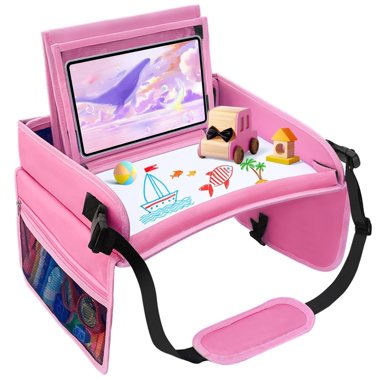 BUENAVO Kids Travel Tray Car Seat Organizer for Kids Toddlers Activities in Car Seat Travel and Road Trip Essentials Kids Pink