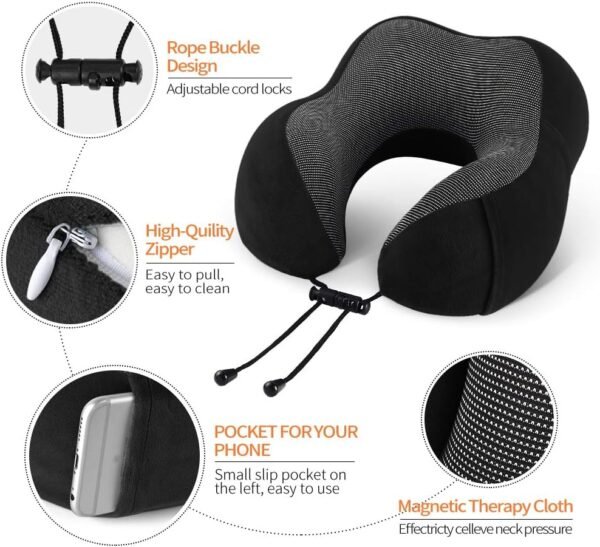 Travel Pillow 100% Memory Foam Pillow, Neck Pillow for Airplane, Neck & Head Support Pillow for Sleeping Rest & Car, Travel Pillows Kit with Storage Bag, Sleep Mask and Earplugs Black - Image 4