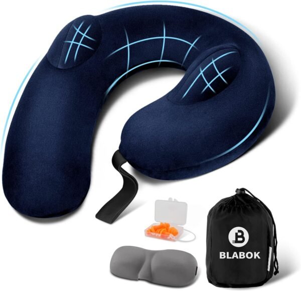 Neck Pillow for Travel, Inflatable Travel Neck Pillows for Airplanes, Travel Pillow for Sleeping Airplane-Avoid Neck&Shoulder Pain,Support Head and Neck, for Airplane,Train,Office,Home (Blue)