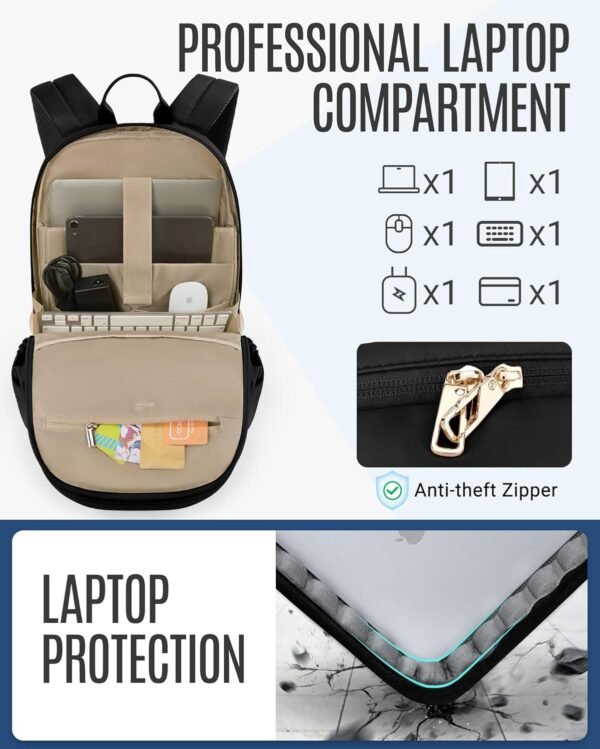 LIGHT FLIGHT Travel Backpack for Women, 15.6 Inch Anti Theft Laptop Backpack with USB Charging Hole, Water Resistant College Bookbag, Large Capacity Black Computer Backpacks for Work, Black - Image 5