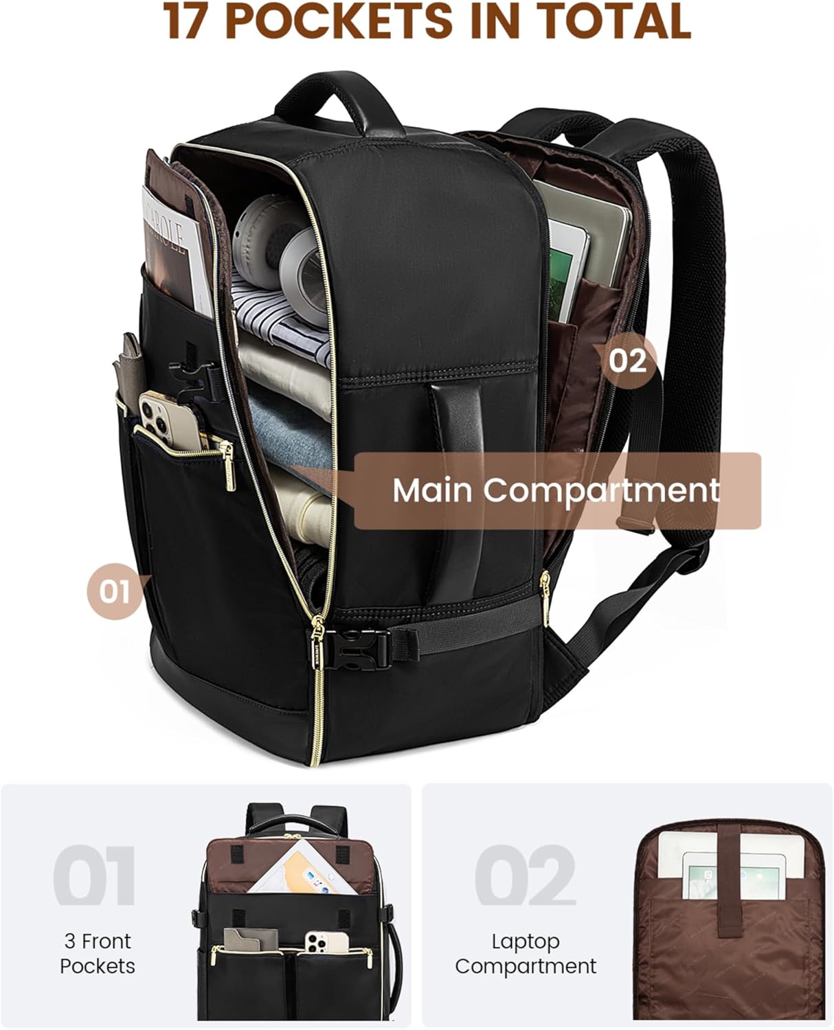 LOVEVOOK Travel Backpack for Women, 40L Large Carry On Backpack Flight Approved, Waterproof Personal Item Travel Bag Fits 17.3'' Laptop,TSA Backpack Suitcase with 3 Packing Cubes - Image 3