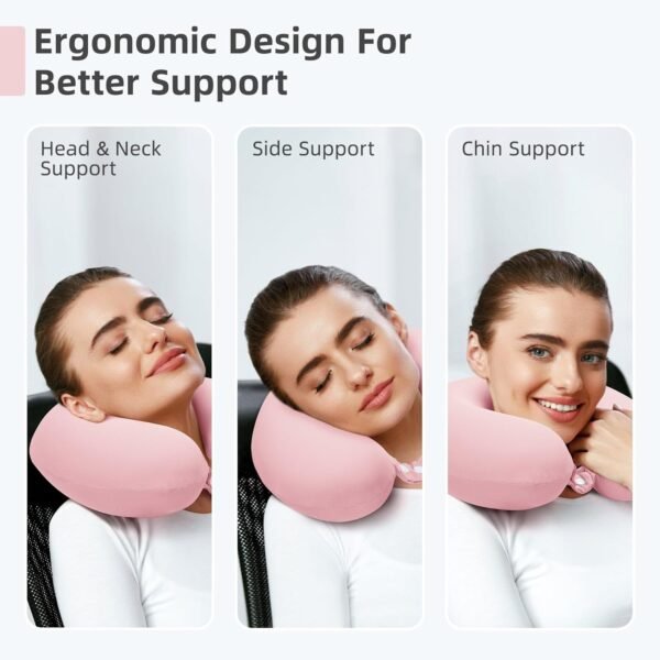 Travel Pillow, Cooling Neck Pillow Airplane Memory Foam with Sleep Mask Earplugs, Soft & Support Airplane Pillow for Travelling Plane Car Train Home Use, Pink - Image 4