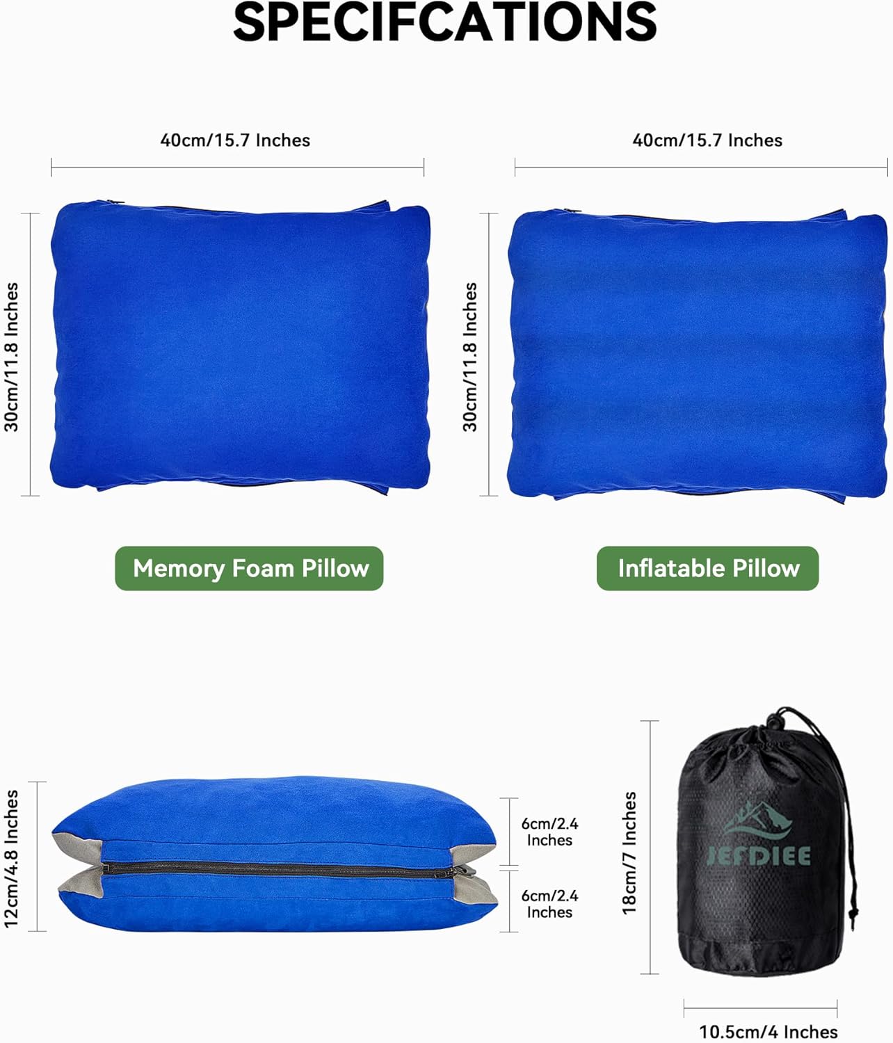 JefDiee Inflatable Camping Pillow with Memory Foam and Washable Cover Camping Gear and Travel Pillow for Airplanes, Camping - Image 6