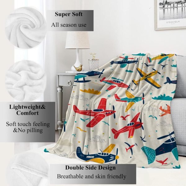 Airplane Blanket Aviation Adventure Colorful Planes and Clouds Throw Blankets Gifts for Kids Boys Lightweight Soft Fleece Cozy for Sofa Couch Bed Room Travel Birthday Party Decor 50x60in - Image 2