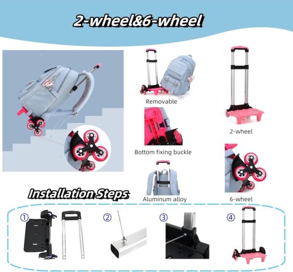 ZHANAO Rolling Backpack Luggage BookBag with Wheels Trolley Bag Wheeled Travel Backpack for Girls & Boys Trolley Bag - Image 3