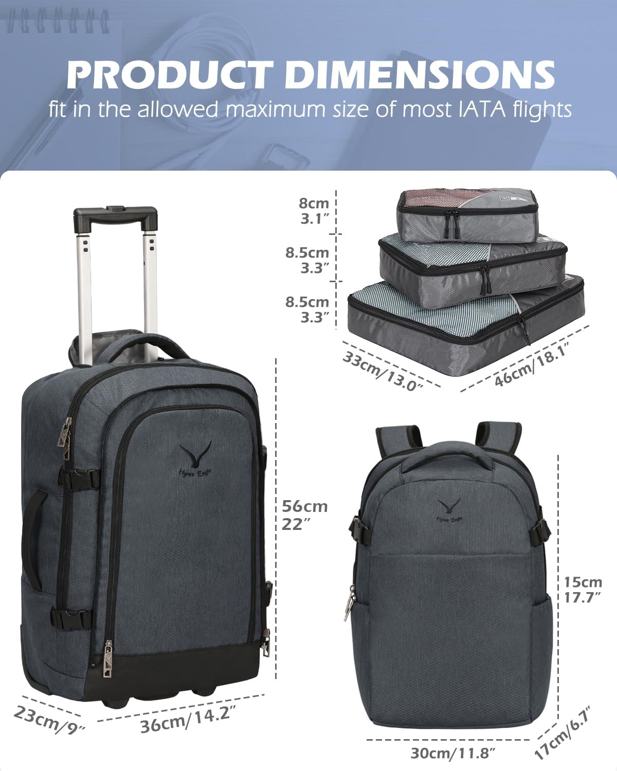 Hynes Eagle 2 in 1 Travel Backpack 22 inches Carry on Luggage 63L Rolling Backpack for Men Women with Packing Cubes 3PCS Set Grey Waist Pack Grey - Image 2