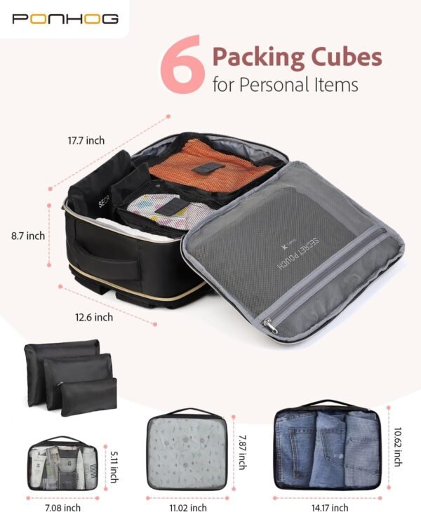 Large Travel Backpack for Women - Travel Backpack Carry on Flight approved 40L Personal Item with 6 Packing Cubes fit 17 inch Laptop Water Resistant Business College Backpacks Black - Image 4