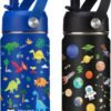 2-Pack Kids Water Bottle for School - 12 oz Vacuum Insulated Water Bottles w/Straw Leak Proof, Boys Girls BPA-FREE Drink Cup, Wide Mouth Stainless Steel Flask w/Protective Cup Mat, Toddler Tumbler