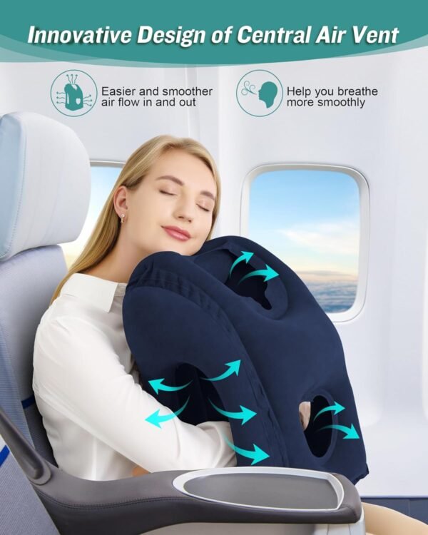 JefDiee Inflatable Travel Pillow, Airplane Neck Pillow Comfortably Supports Head and Chin for Airplanes, Trains, Cars and Office Napping with 3D Eye Mask, Earplugs and Portable Drawstring Bag (Blue) - Image 3