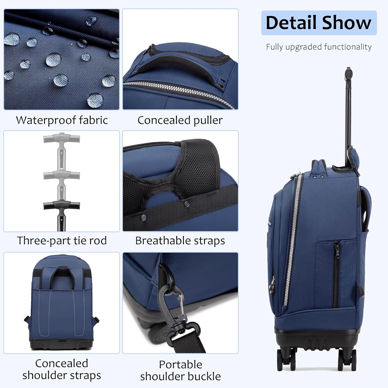 Rolling Backpack with Detachable Wheels 18 inch Wheeled Laptop Backpack Carry on Luggage Bag for Women Men to Travel - Image 6