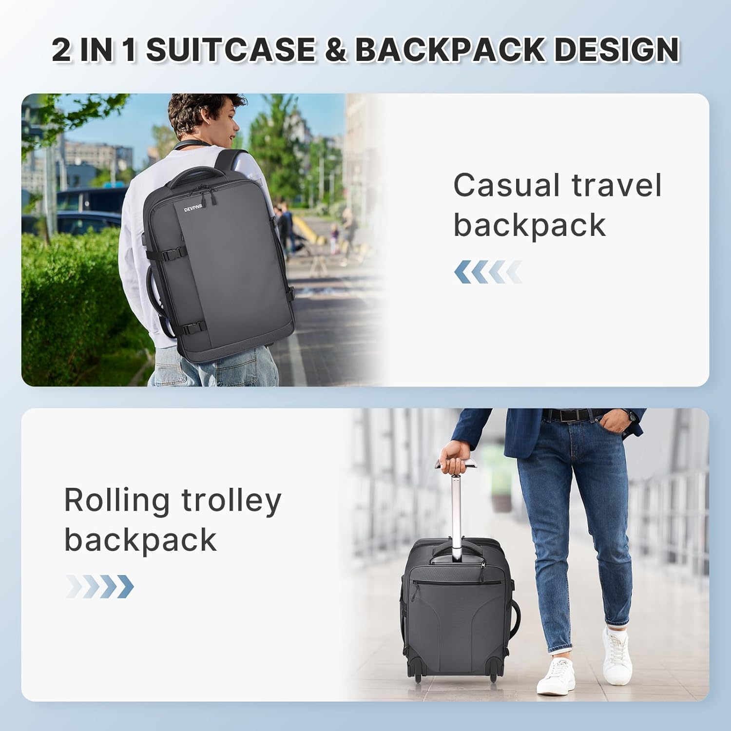 Rolling Backpack for Women Men, Carry on Luggage Travel Backpack with Wheels for Adults, 40L Airline Rolling Laptop Bag, 17 Inch Laptop Trolley Backpack for Overnight Travel Business (Gray) - Image 5