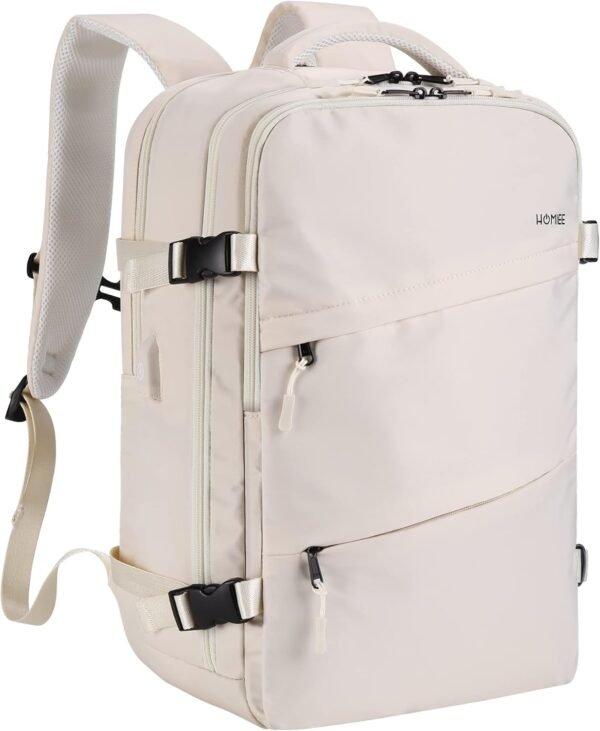 HOMIEE Travel Backpack for Women, Carry On Backpack with USB Charging Port, TSA Approved Personal Item Bag Spirit Airlines, 15.6 Inch Laptop Backpack for Colllege Work, Beige