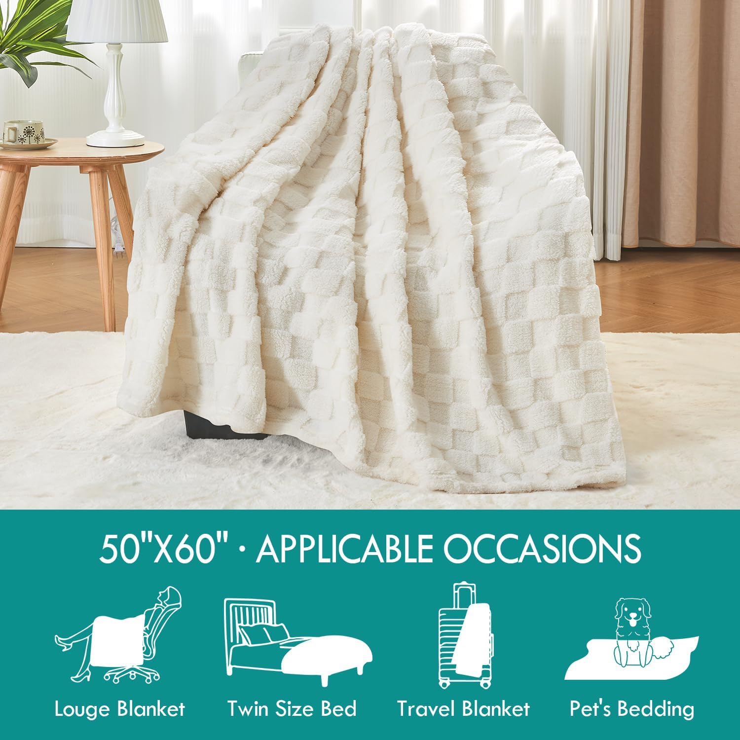 Kaisa Soft Cozy Fall Blankets, Premium Fleece 3D Checkered Blanket for Couch Sofa Bed, Lightweight Plush Cozy Warm Throws for Travel Office Home Decor, Cute Blankets, 50"x60", Cream White - Image 7