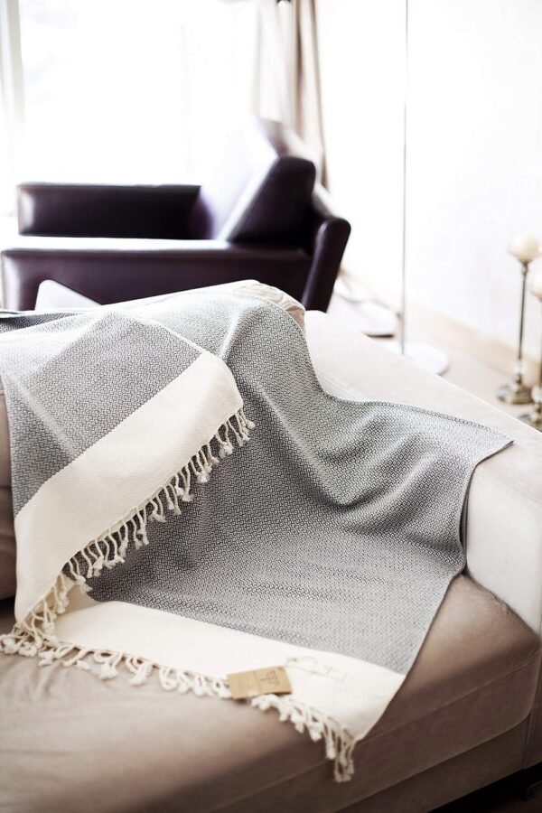 SMYRNA TURKISH COTTON Throw Blanket Vintage Series, 50x60 inch, Outdoor Blankets, Throws and Blankets for Couch, Sofa, Bed, Chair, Beach Picnic, Travel Boho Turkish Blanket Throw, Gray - Image 3