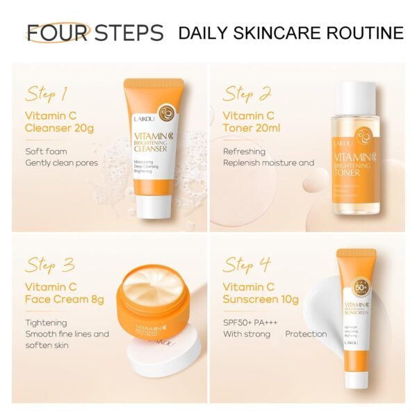 Vitamin C Travel Skincare Set for Teenage Girls, Skin Care Set Travel Kit 4 Pack, Face Routine Set for Women and Girls with Cleanser, Toner, Face Cream, Sunscreen SPF50 - Travel Essentials Gift Set - Image 3