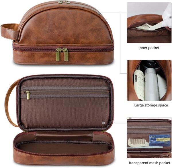 Men Toiletry Bag,Waterproof Dopp kit hygiene bag for travel,leather shaving kit bag for Toiletries Accessories,Organizer for traveling Cosmetic Bag (Brown) - Image 3