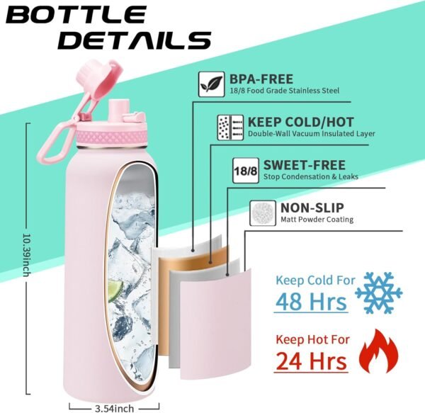 40 oz Insulated Water Bottles with Straw & Auto Chug Lid, Paracord Handle, Metal Flask Keep Cold-48H & Hot-24H, Double Vacuum Stainless Steel Travel Jug with Carrying Case for Gym Workout Running - Image 2