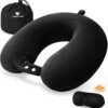Travel Neck Pillow Airplane, Memory Foam Travel Pillow with 4 Attachable Snap Button, Travel Essentials with Eye Mask Earplugs and Storage Bag for Sleeping Flying Car Train Home, Black