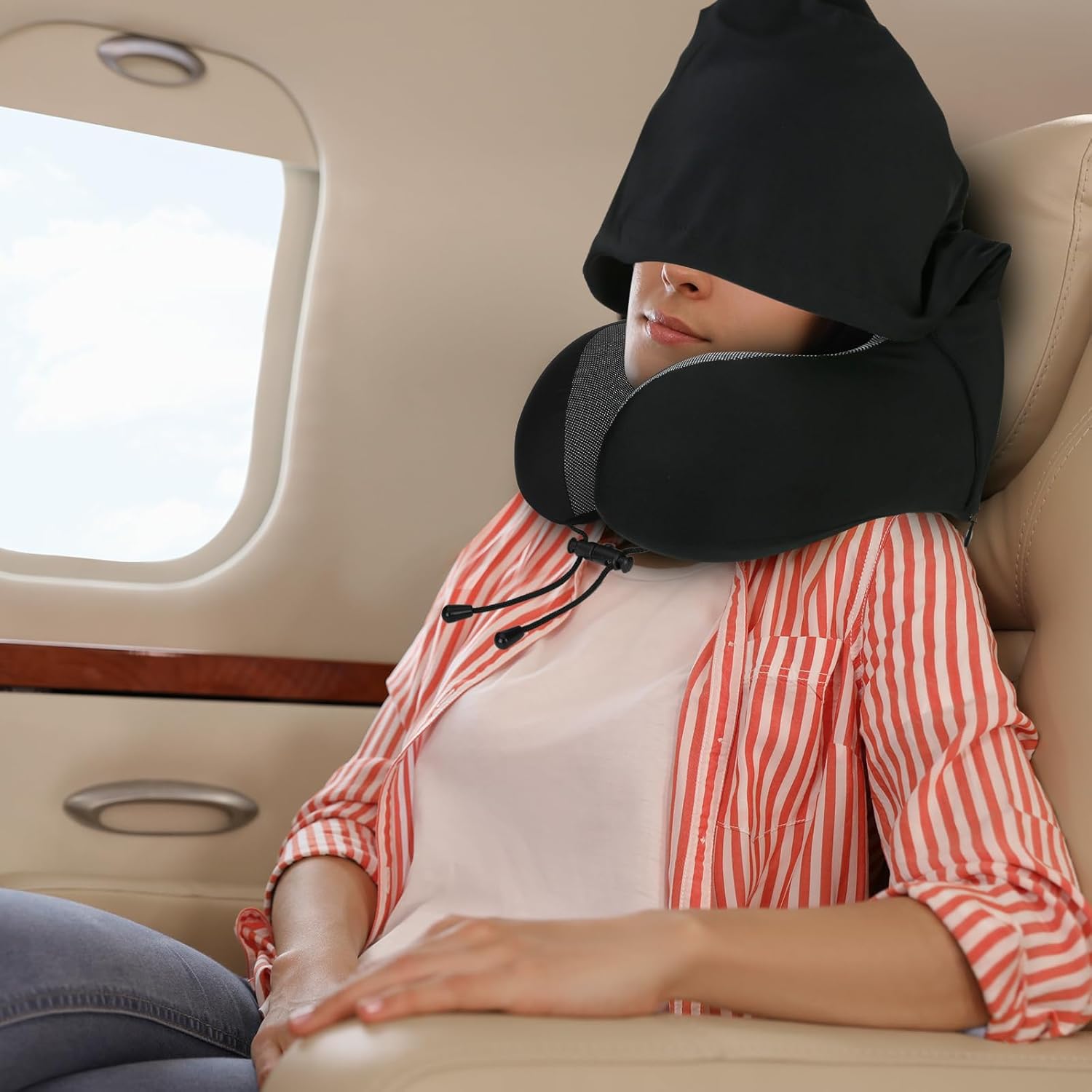 Neck Pillow for Travel, Memory Foam Travel Pillow with Hood, Adult Airplane Pillow for Head Rest Neck Support, Portable Pillow for Office Cars Trains Long Flights Sleeping (Black) - Image 8