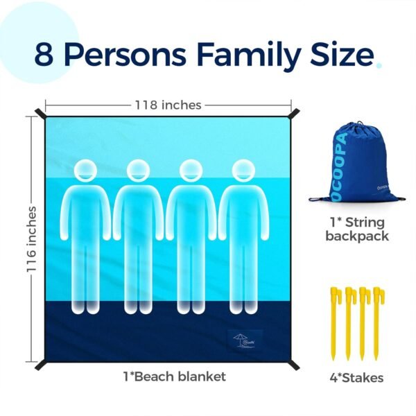 OCOOPA Beach Blanket, Extra Large Sandproof Waterproof, Picnic Mat, 8 Persons Family Size, Sand Free, Comfortable, Durable Parachute Nylon 210T, Lightweight, 4 Stakes&1 Travel Bag, S09 - Image 5