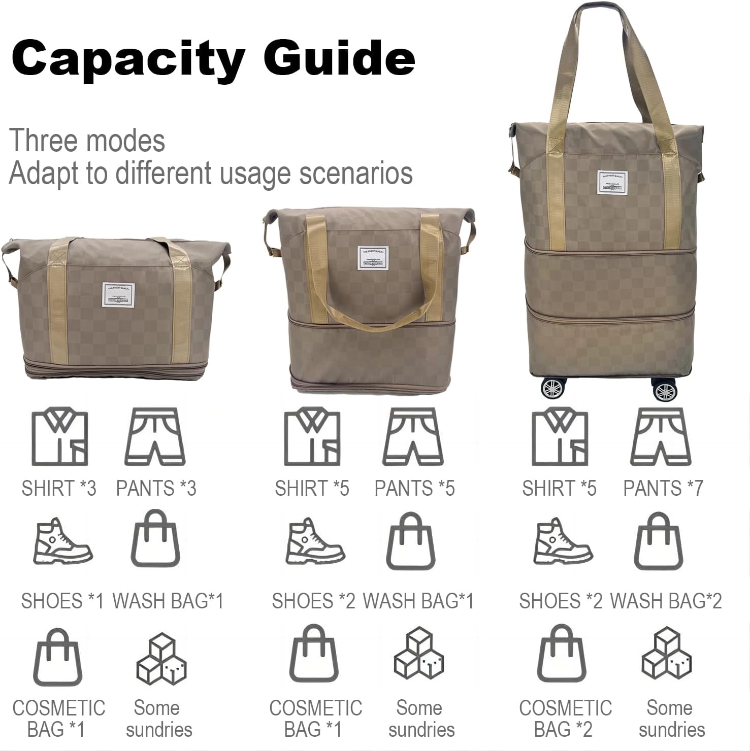 Expandable foldable duffel bag suitcase, detachable rolling wheels,carry-on large duffel bag,luggage bag,suit gym,camping,travel or business trip,Presents for wife,parents-Checkerboard(KHAKI) - Image 3