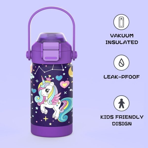 Kids Insulated Water Bottle with Pop-Open Straw & Spout 2-in-1 Lid, 12oz Toddler Cups with Stainless Steel Leak Proof for School Travel Boys Girls Purple（Unicorn） - Image 3