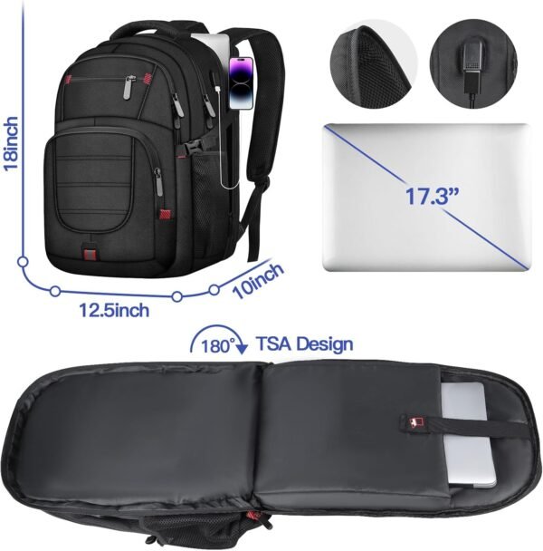 Extra Large Backpack, 50L Travel Backpack, 17 inch Laptop Backpack for Men, TSA Approved Heavy Duty Backpack with USB Charging Port, Anti Theft Backpack for Business Work College, Black - Image 3