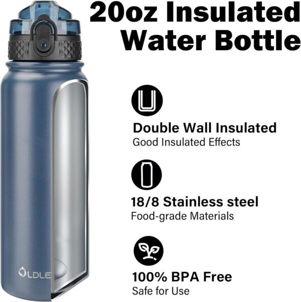 Oldley Insulated Water Bottle 20oz Water Bottles with Straw, Stainless Steel Water Bottle with 3 Lids, Double Wall Vacuum Bottels for Adults Kids,Leak-Proof Sport Bottles for School Travel, Navy Blue - Image 4
