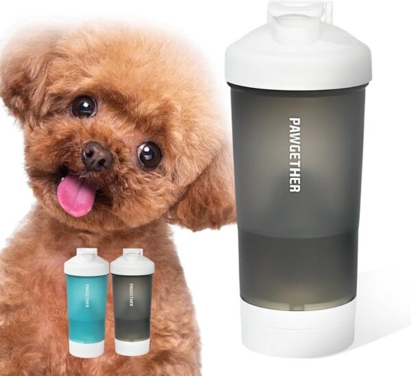 PAWGETHER® Dog Water Bottle with Poop Bag Food Container Shoulder Stap, Built in Bowl No Spill Portable Dog Travel Water Bottle Dispenser (450mL for Water 150mL for Food, Grey)