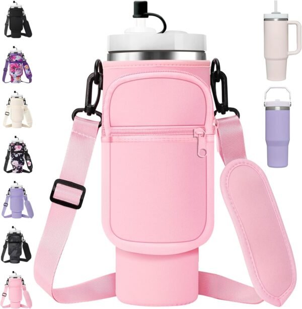 Water Bottle Carrier Bag with Strap for Stanley 40/30 oz Tumbler Neoprene Insulated Cup Holder Sleeve with Phone Pocket & Straw Cover for Stanley Cup Accessories