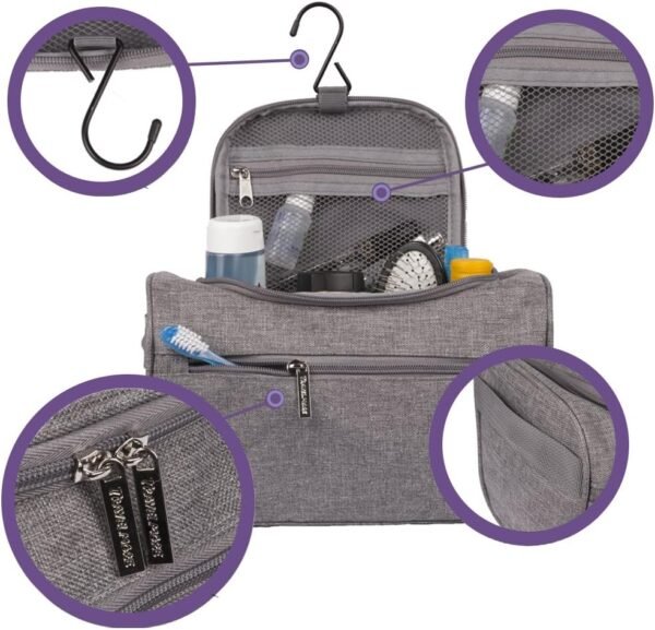 Hanging Travel Toiletry Bag Organizer & Medicine Bag - Bathroom Hygiene Dopp Kit with Hook for Traveling Accessories Toiletries Bathroom Shaving & Makeup for Men and Woman - Gray - Image 2