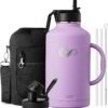 64oz Insulated Water Bottle with Handle, INSPI Half Gallon Stainless Steel Water Bottles, Travel Flask with Straw Spout Lid and Carry Pouch, Mug Tumbler Cup, Keep Cold Hot, Purple
