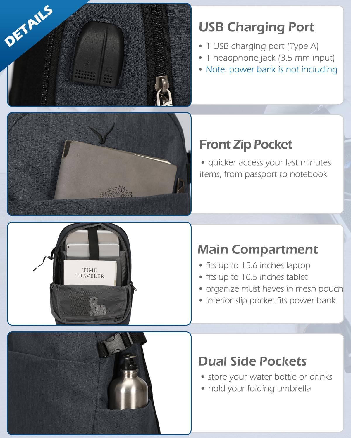 Hynes Eagle 2 in 1 Travel Backpack 22 inches Carry on Luggage 63L Rolling Backpack for Men Women with Packing Cubes 3PCS Set Grey Waist Pack Grey - Image 5