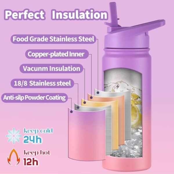 Mininoo Kids Water Bottle for School, 16oz Stainless Steel Insulated Water Bottle Kids with Straw Lid for Girls, Boys (Purple/Pink) - Image 2