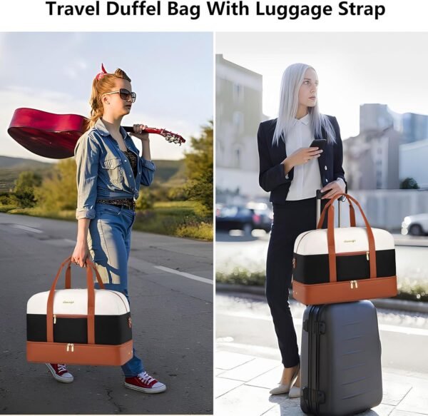 Weekender Travel Women Duffle Bags: Large Duffel Overnight Bag for Womens Weekend Personal Carry On Tote Bag with Shoe Compartment and Trolley Sleeve For Hospital Gym Traveling Work White-Black-Brown - Image 6