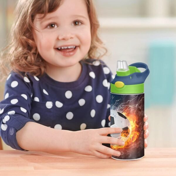 Fire Ice Football Kids Water Bottle with Straw and Carry Handle Soccer Ball Sports Theme Vacuum Insulated Stainless Steel Bottles Leak-Proof for Boys Girls Toddler 12 oz Green Lid - Image 7
