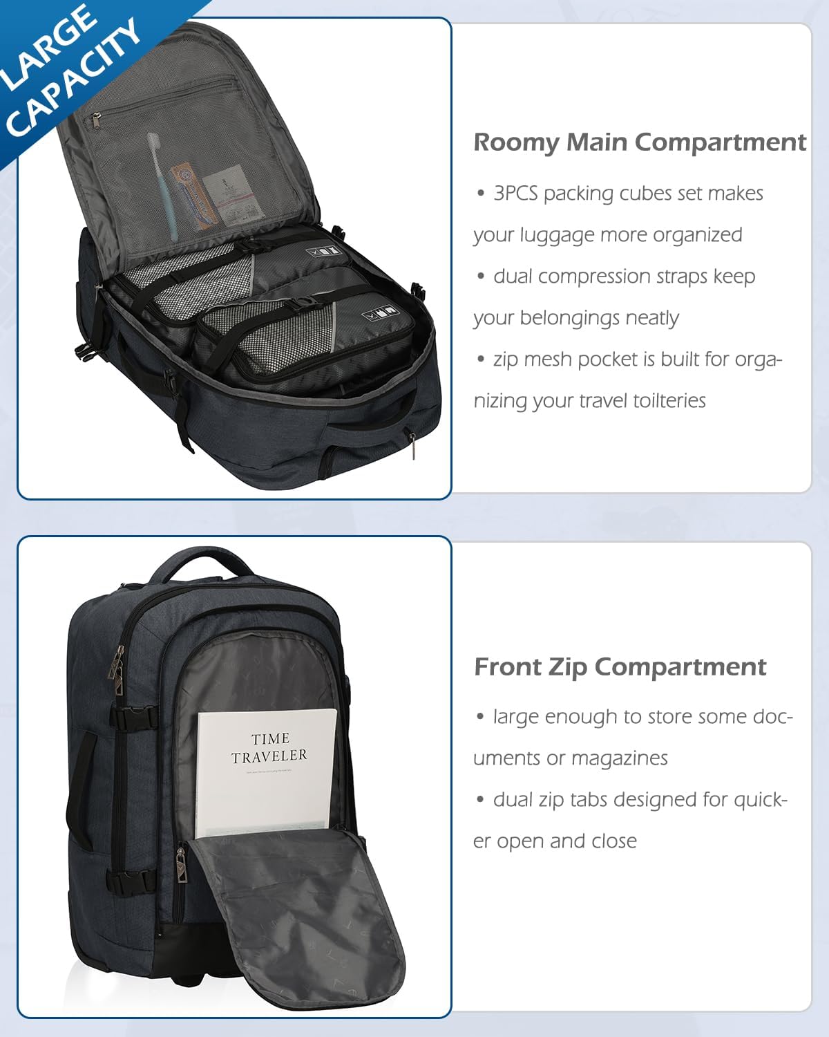 Hynes Eagle 2 in 1 Travel Backpack 22 inches Carry on Luggage 63L Rolling Backpack for Men Women with Packing Cubes 3PCS Set Grey Waist Pack Grey - Image 6