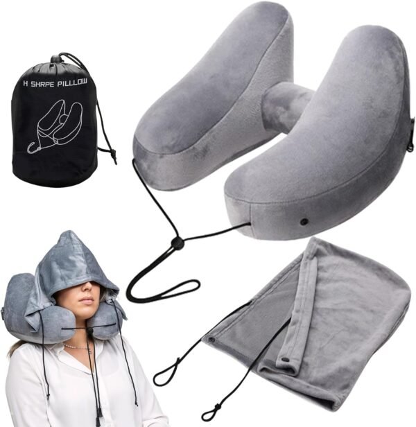 Inflatable Travel Pillows for Airplanes，Inflatable Neck Pillow，Travel Pillow With Hood，Inflatable Travel Pillow，Support Head Airplane Pillow, Travel Essentials For Plane Car Train Sleeping (Grey)