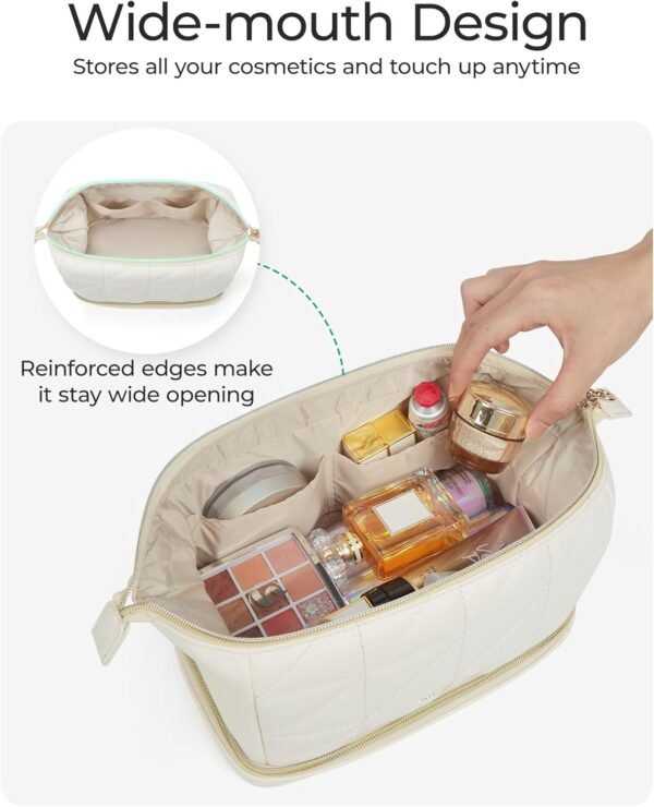 BAGSMART Travel Makeup Bag, PU Leather Makeup Bag Organizer, Large Capacity Make Up Bag, Cosmetic Bags for Women, Wide-open Makeup Pouch for Travel Essentials, Bottles, Brushes (Brown) - Image 4