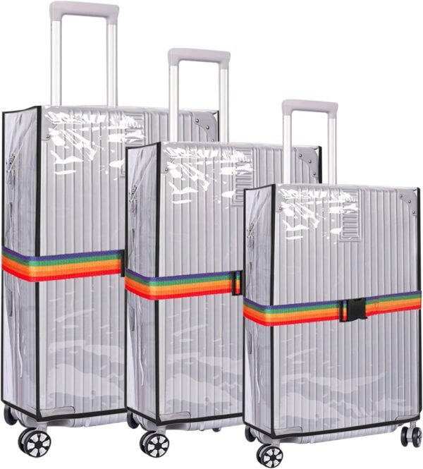 3PCS Waterproof Luggage Protective Cover with Colorful Straps Clear Suitcase Cover Protectors PVC Transparent Travel Dustproof Luggage Sleeve Protector(20 Inches, 24 Inches, 28 Inches)