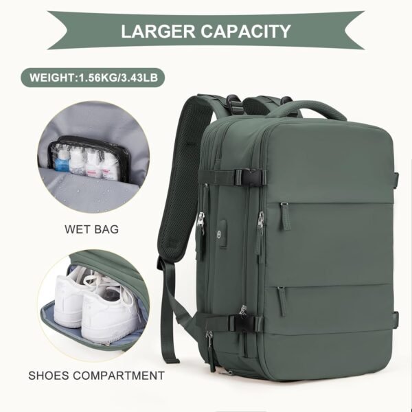 Large Travel Backpack For Women Men, Carry On Backpack,Hiking Backpack Waterproof Outdoor Sports Rucksack Casual Daypack Fit 15.6 Inch Laptop with USB Charging Port Shoes Compartment Olive Green EX - Image 3