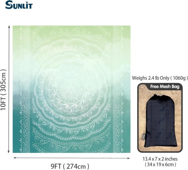 Sunlit 10'x9' Extra Large Boho Sand Proof Beach Blanket, Sand Proof Mat with Corner Pockets and Mesh Bag for Beach Party, Travel, Camping and Outdoor Music Festival, Tiffany Green Mandala - Image 2