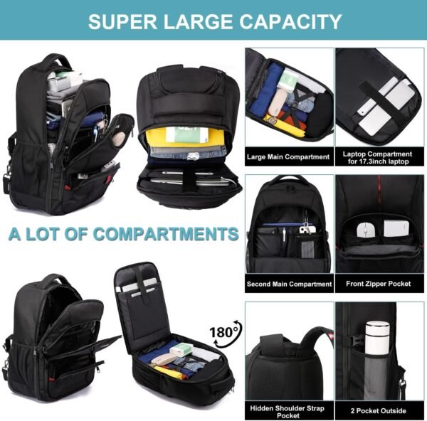 Rolling Backpack, Large Backpack with Wheels for Men Women Adults, 17inch Waterproof Wheeled Travel Laptop Backpack Carry on Luggage Bag Trolley Suitcase Business College School Computer Bookbag,Black - Image 2