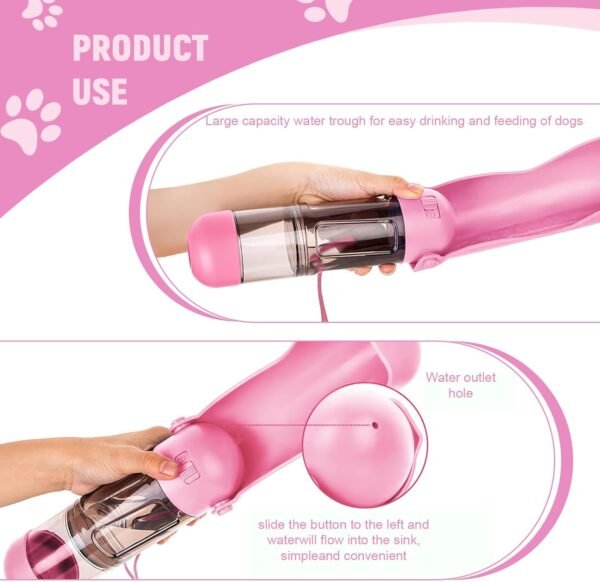 Dog Water Bottle with Food Container and Poop Bag Holder,Portable Pet Dispenser, Foldable Puppy Water Cup Dispenser for Outdoor Walking, Travel, Hiking (Pink, 10 oz) - Image 7
