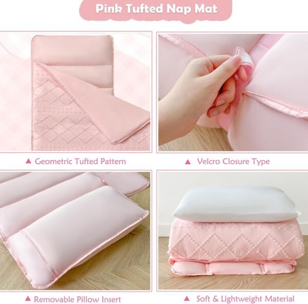 Toddler Nap Mat for Daycare Preschool Girls Boho Tufted Geometric Kids Sleeping Mat Pad Toddler Bedding Set Portable Baby Sleeping Bag with Pillow and Blanket for Travel Camping Outdoor - Image 4