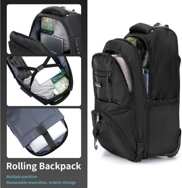 LemoHome Rolling Backpack,18 inch Water Resistant Wheeled Laptop Backpack,Carry on Luggage Business Bag,Trolley Suitcase for Men Women Adults to Travel (Black) - Image 3