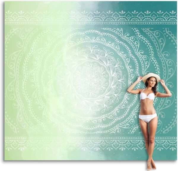 Sunlit 10'x9' Extra Large Boho Sand Proof Beach Blanket, Sand Proof Mat with Corner Pockets and Mesh Bag for Beach Party, Travel, Camping and Outdoor Music Festival, Tiffany Green Mandala
