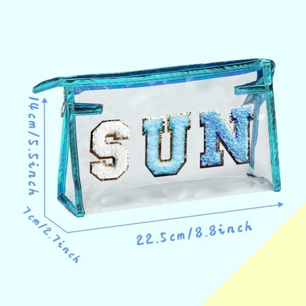 COSHAYSOO Clear Makeup Bag Preppy Sunscreen Pouch Beach Pool Summer Stuff Travel Cosmetic Toiletry Essentials Small Purse Organizer for Women Teenager Girl with Trendy Letter Patch Blue SUN - Image 2